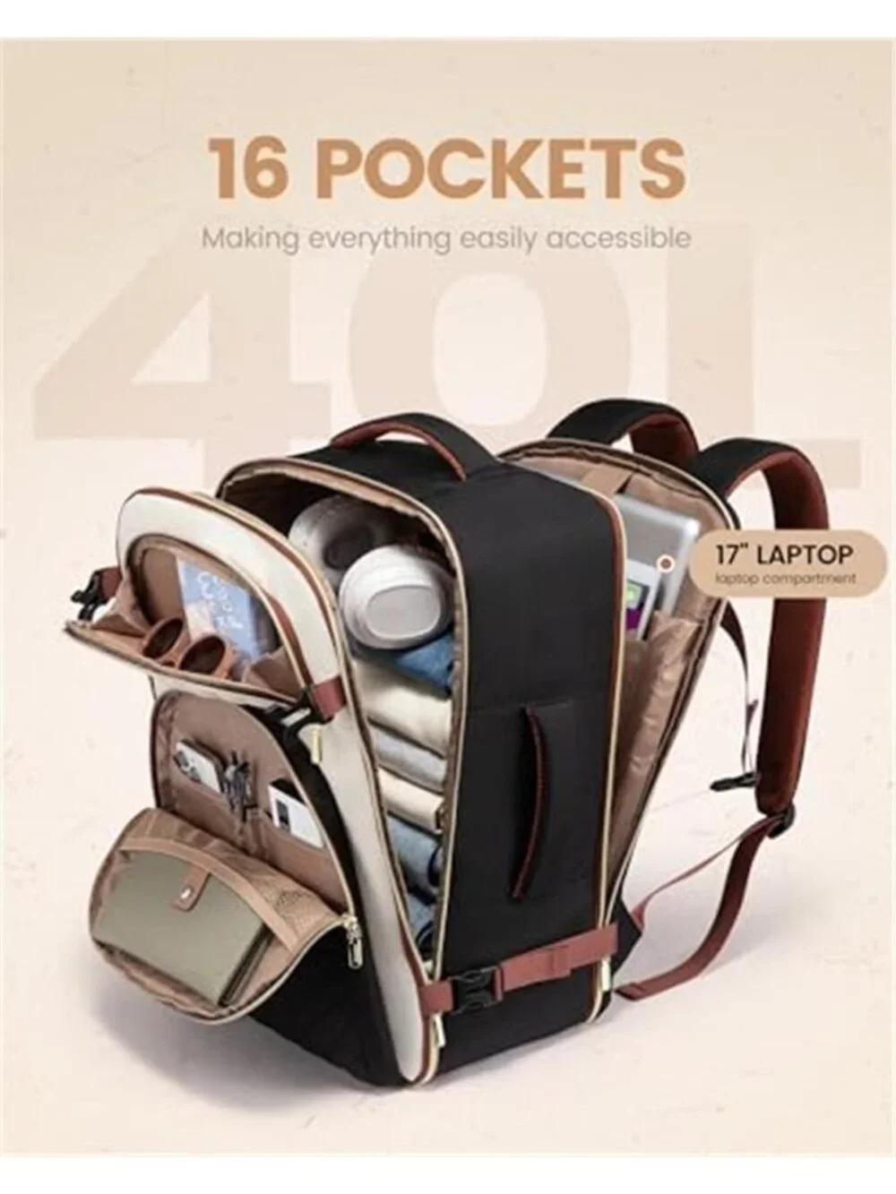 40L Travel Backpack Carry On Flight Approved TSA Laptop Women Men Waterproof